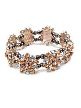 Vintage Crystal Floral Stretch Bracelet Peach Rhinestone Statement Wrist Cuff